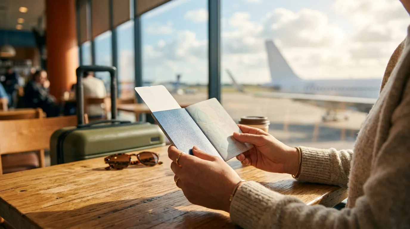 Putnica sa pasošem na aerodromu pred put u inostranstvo, sa putnim zdravstvenim osiguranjem
